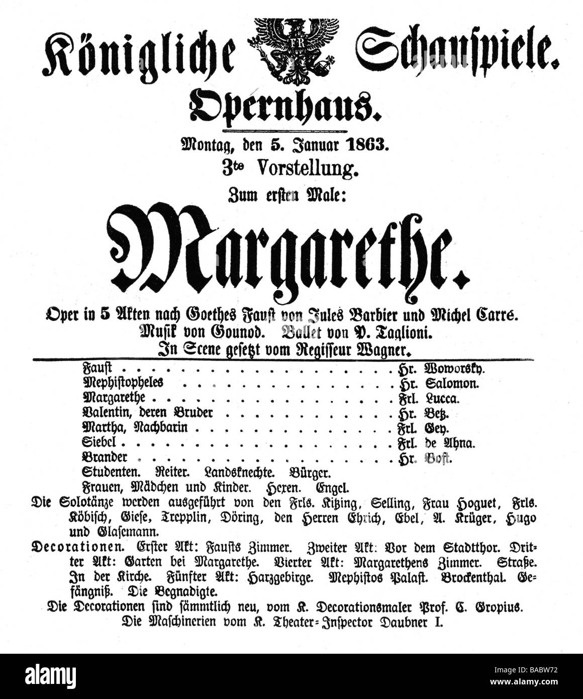 Gounod, Charles, 17.6.1818 - 17.10.1893, French composer, works, opera 'Margarete', playbill, premiere in Berlin, 5.1.1863, , Stock Photo