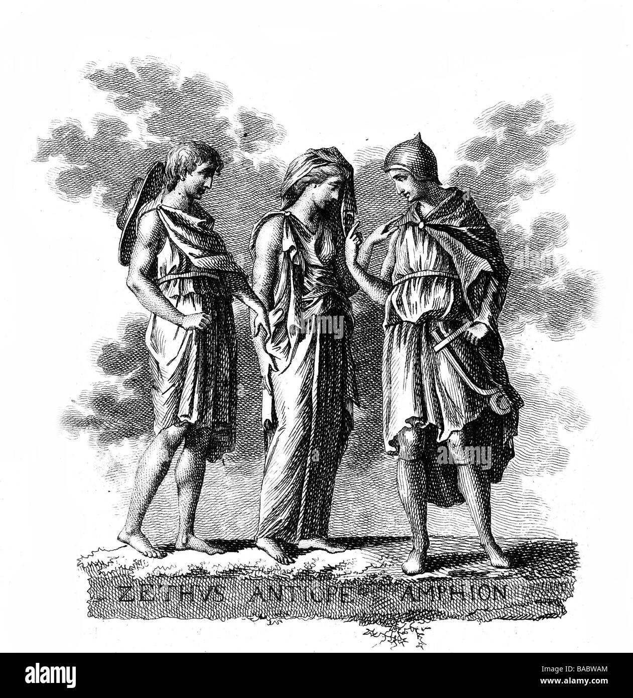 Antiope (daughter of Nycteus), Greek mytholigic figure, with her sons Zethus and Amphion, copper engraving, 18th century, Artist's Copyright has not to be cleared Stock Photo