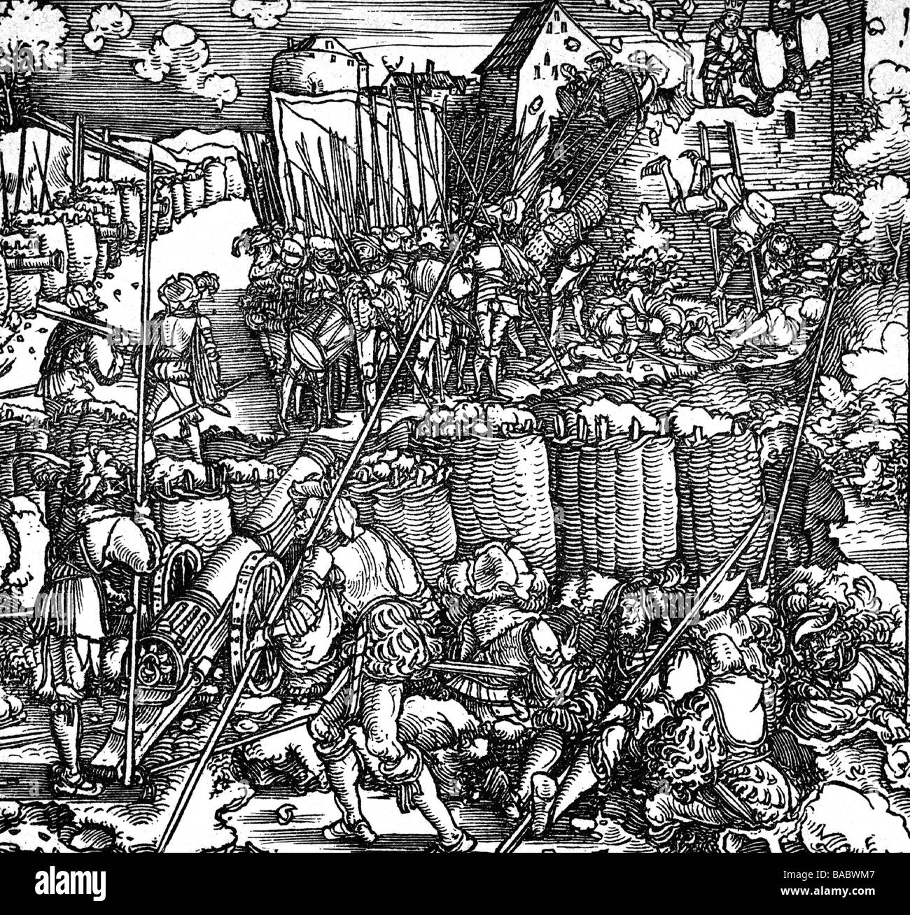 Sickingen, Franz von, 2.3.1481 - 7.5.1523, German knight, siege and escalade of his castle Nanstein near Landstuhl, May 1523, woodcut after Hans Scheufelein (circa 1480 - 1540), Stock Photo