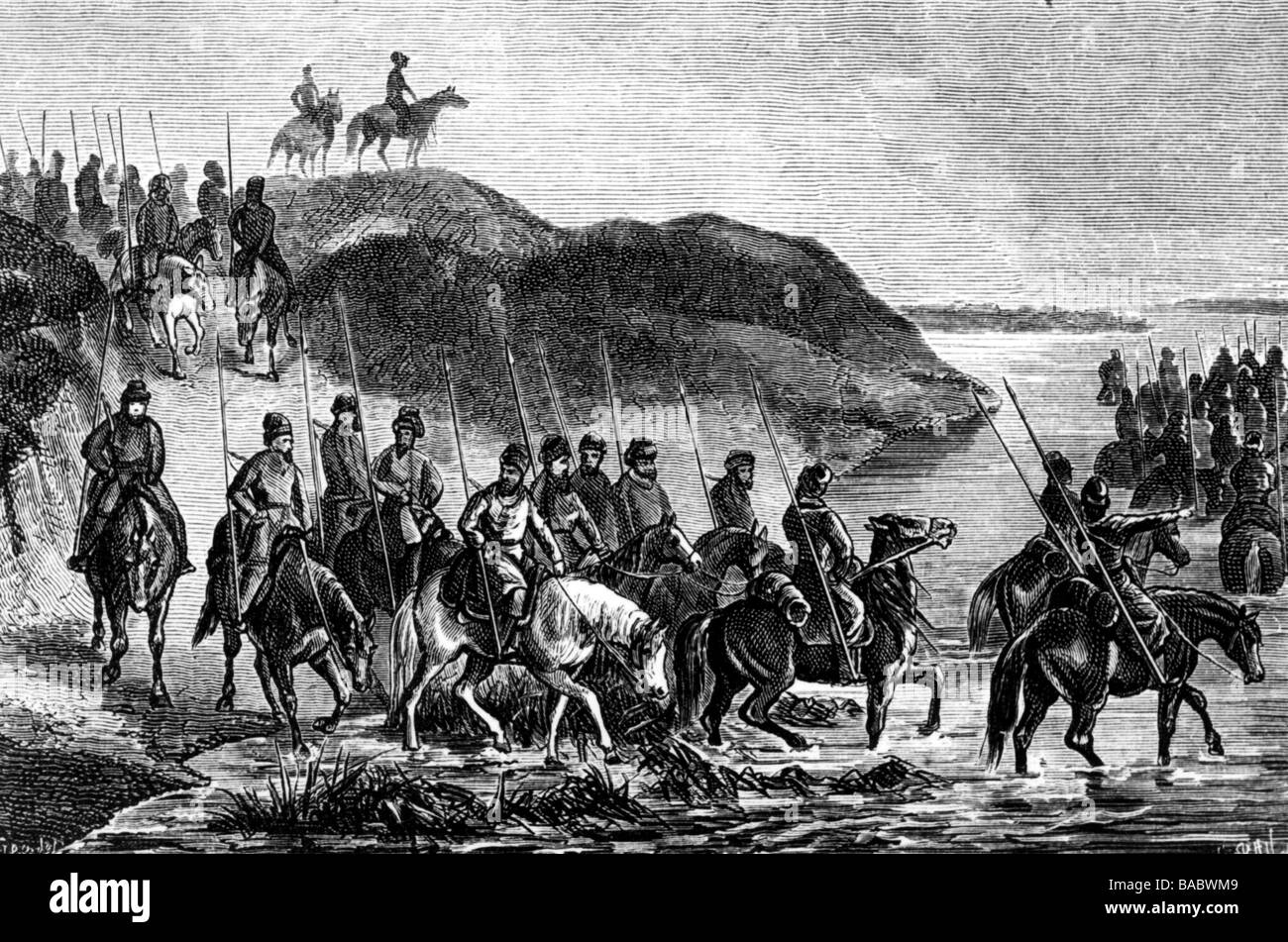 Yermak Timofeyevich, circa 1538 - 6.8.1585, Cossack leader, 'Conquerer of Sibiria', scene, crossing the Tobol river with his Cossacks, wood engraving, 19th century, Stock Photo