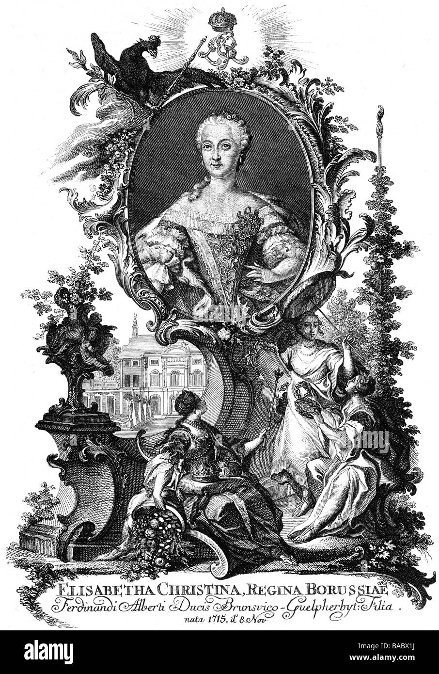 Elisabeth Christine, 8.11.1715 - 13.1.1797, Queen of Prussia, half length, allegorical border, after a painting by Antoine Pesne, circa 1750, Artist's Copyright has not to be cleared Stock Photo