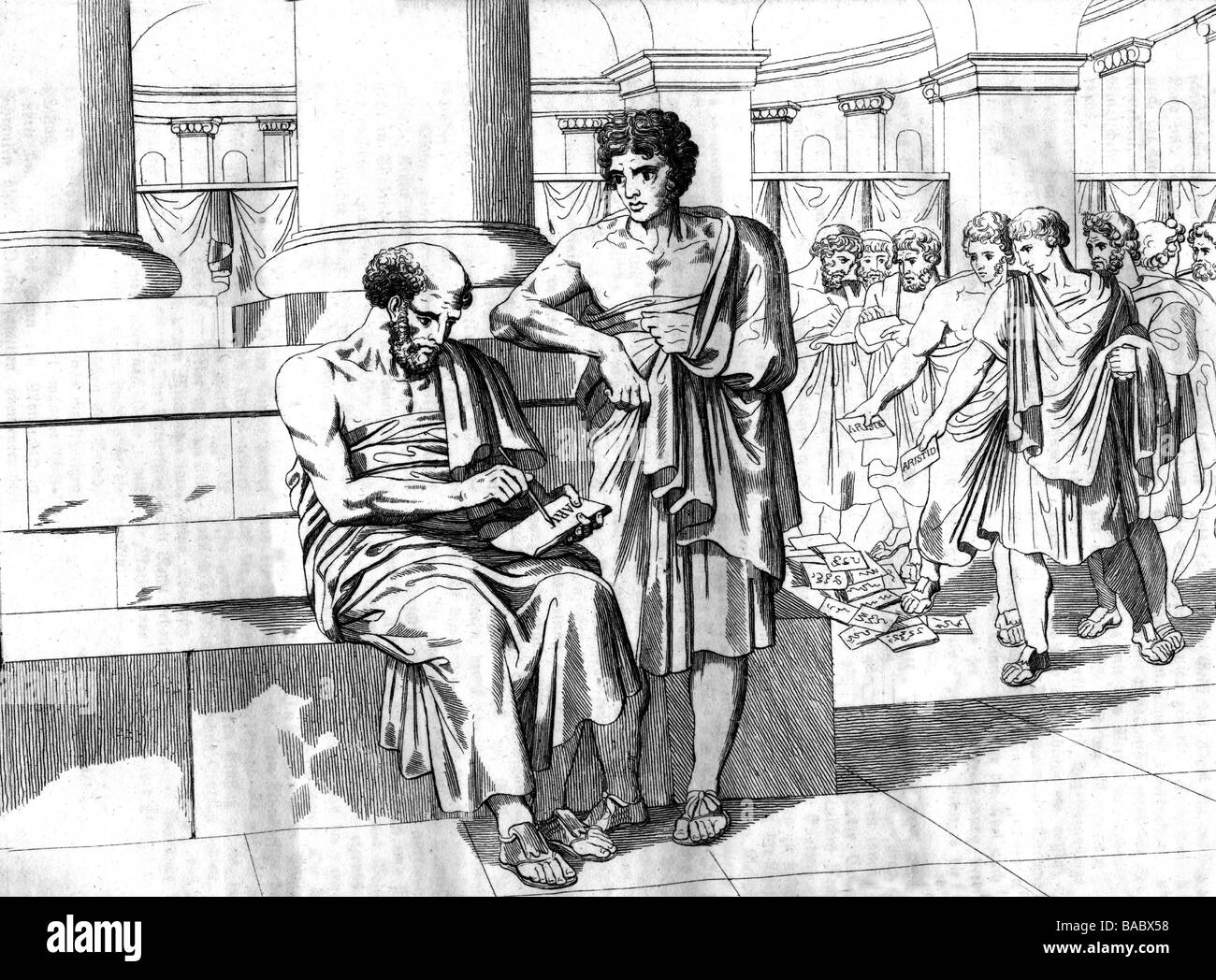 Aristides, 530 - 468 BC, Athenian politician and statesman, ostracism 482 BC, full length, history painting, German copper engraving, 1832, Artist's Copyright has not to be cleared Stock Photo