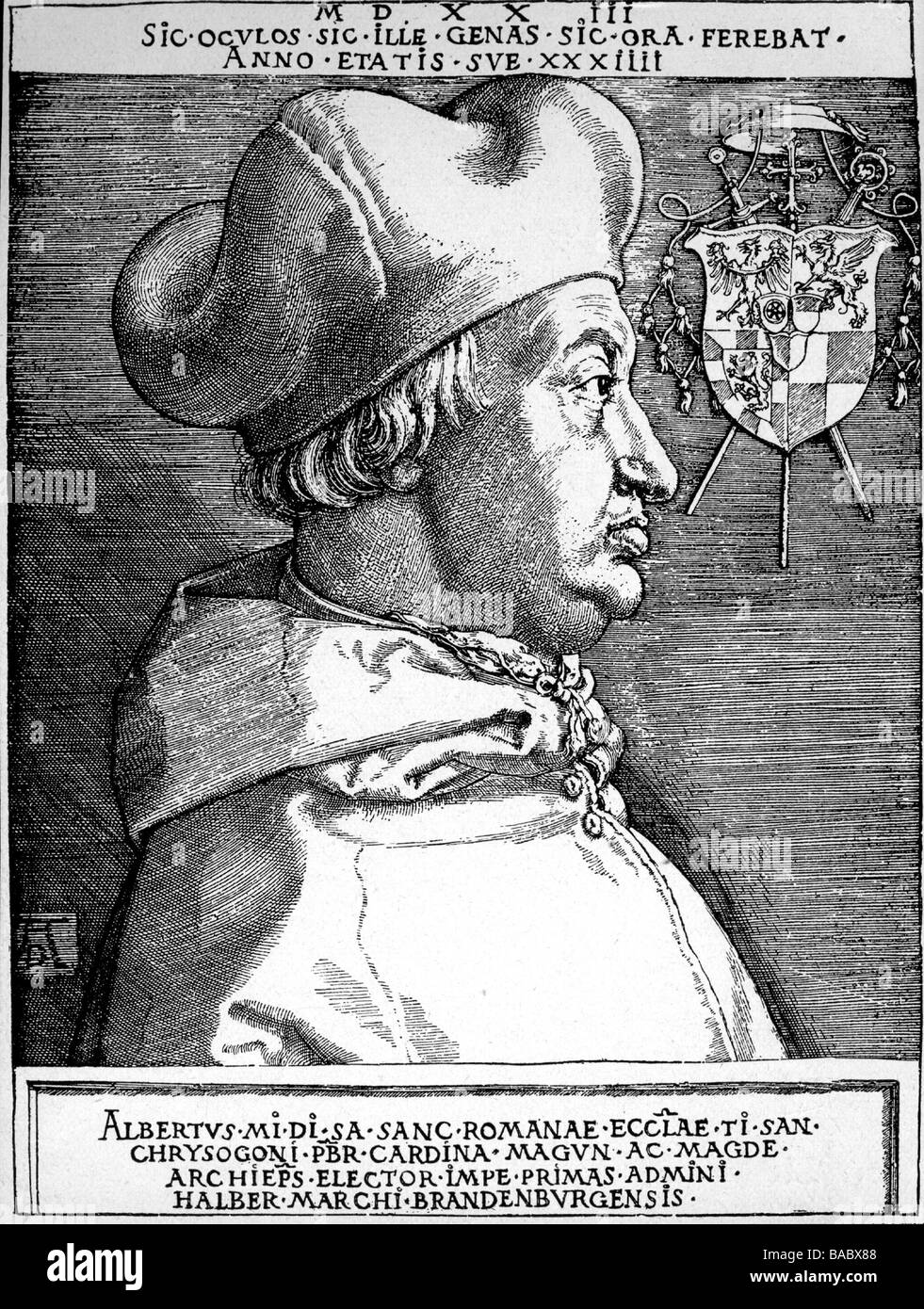 Albrecht von Brandenburg, 28.6.1490 - 24.9.1545, archbishop of Mainz since 9.3.1514, portrait, side view, copper engraving by Albrecht Dürer, 1523, Artist's Copyright has not to be cleared Stock Photo
