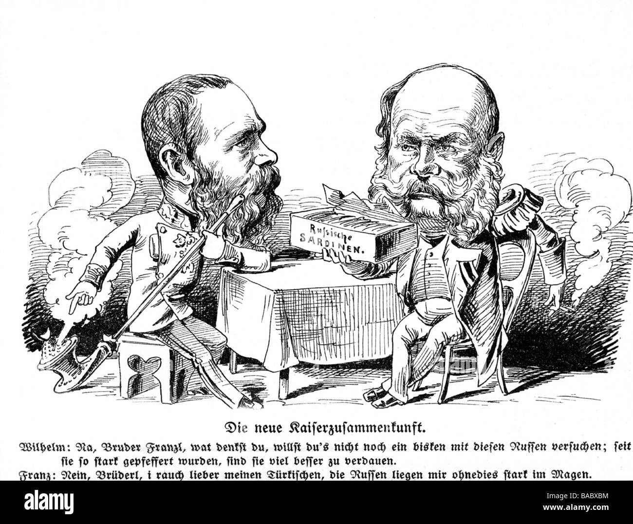 Franz Joseph I, 18.8.1830 - 21.11.1916, Emperor of Austria since 1848, smoking with Emperor Wilhelm I, Swiss caricature 'The latest meeting of the emperors', from 'Nebelspalter', 1877, Stock Photo