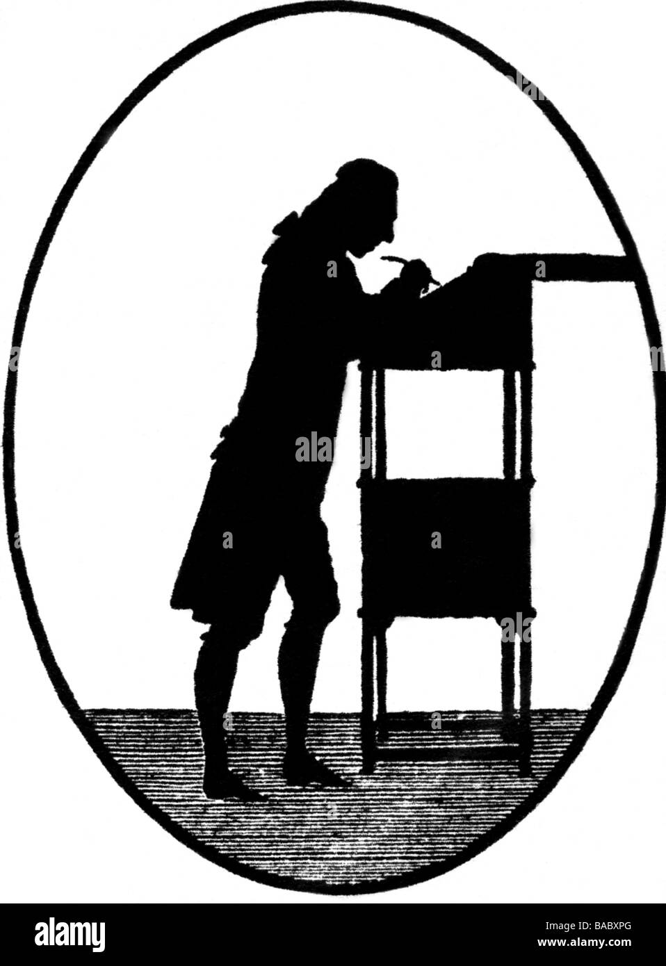 Schiller, Friedrich, 10.11.1759 - 9.5.1805, German author / writer, full length, standing at lectern, silhouette, late 18th century, Stock Photo