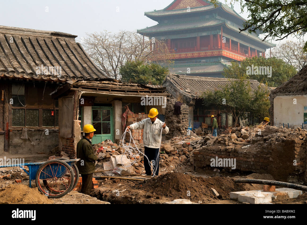 China, Beijing, former Tartar town also called Inner City, restoration site in a hutong (lane), Drum Tower in the background Stock Photo
