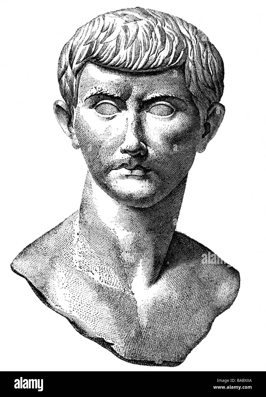 Brutus, Marcus Junius, 85 BC - 42 BC, Roman politician (senator) who killed Julius Caesar, portrait, wood engraving, after ancient bust, 19th century, Stock Photo