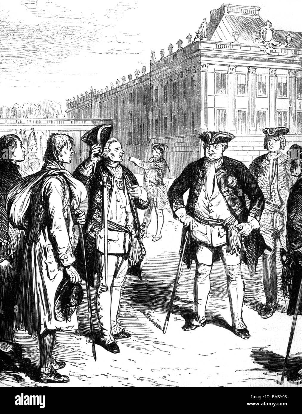 Frederick William I, 14.8.1688 - 31.5.1740, King in Prussia 25.2.1713 - 31.5.1740, inspecting inductees for his Potsdam Giants, wood engraving, after drawing by Ludwig Burger (1825 - 1884), Stock Photo