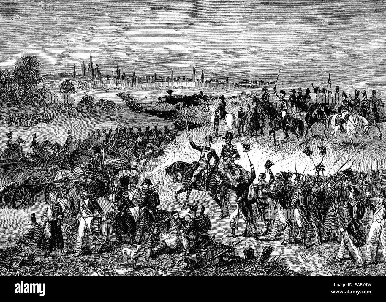 events, War of the Sixth Coalition 1812 - 1814, Russian campaign 1812, the French reaching Moscow, 14.9.1812, wood engraving, 19th century, Napoleonic Wars, Russia, Emperor Napoleon I, Bonaparte, historic, historical, people, Stock Photo