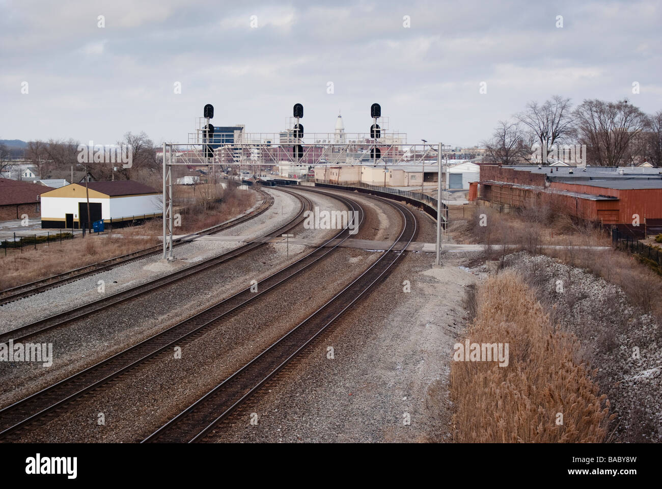 Railroad signals mark the entry of the CSX line into the city of