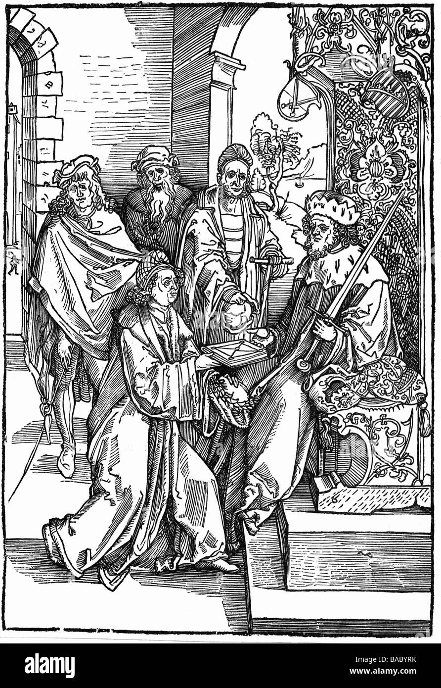 Celtis, Conrad, 1.2.1459 - 4.2.1508, German author / writer, humanist, presenting Emperor Frederick III with his works, woodcut by Albrecht Duerer, title page of 'Opera Hrosvite...', Nuremberg, 1501, , Artist's Copyright has not to be cleared Stock Photo