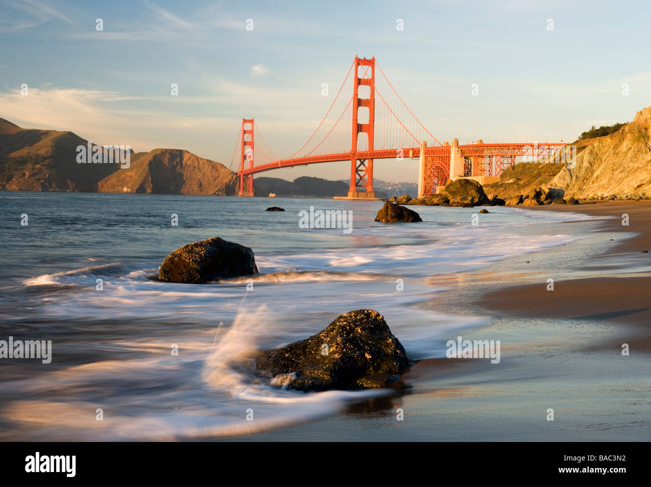 Golden gate bridge viewed from Baker Beach at sunset, San Francisco, USA. Stock Photo