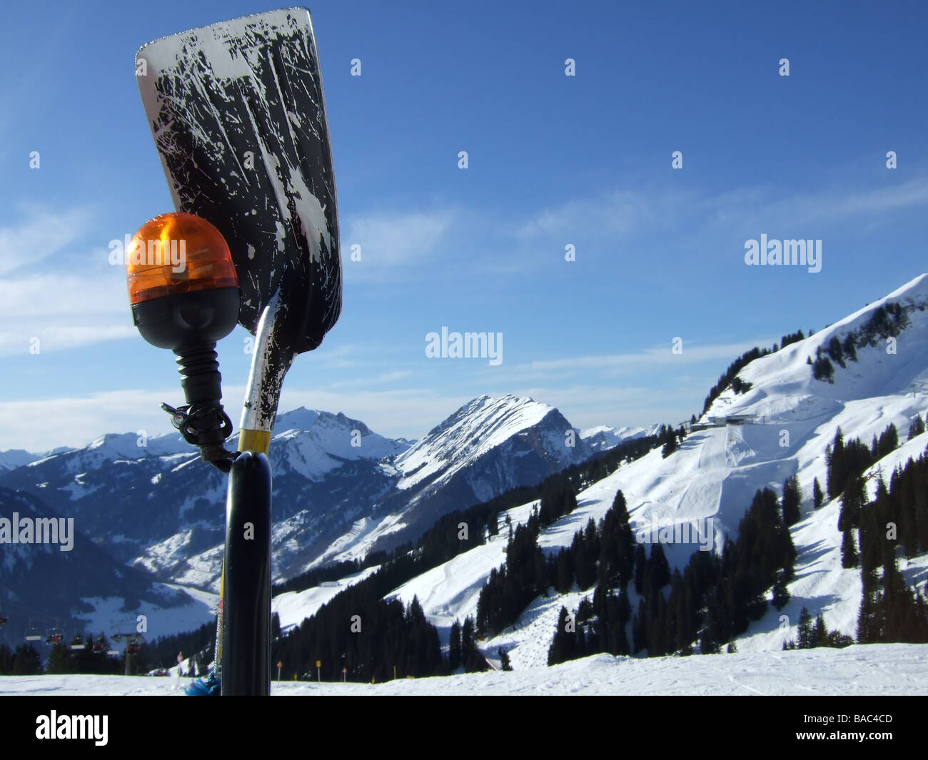 Shovel and warning light at the Diedamskopf in the Bregenz Forest Stock Photo