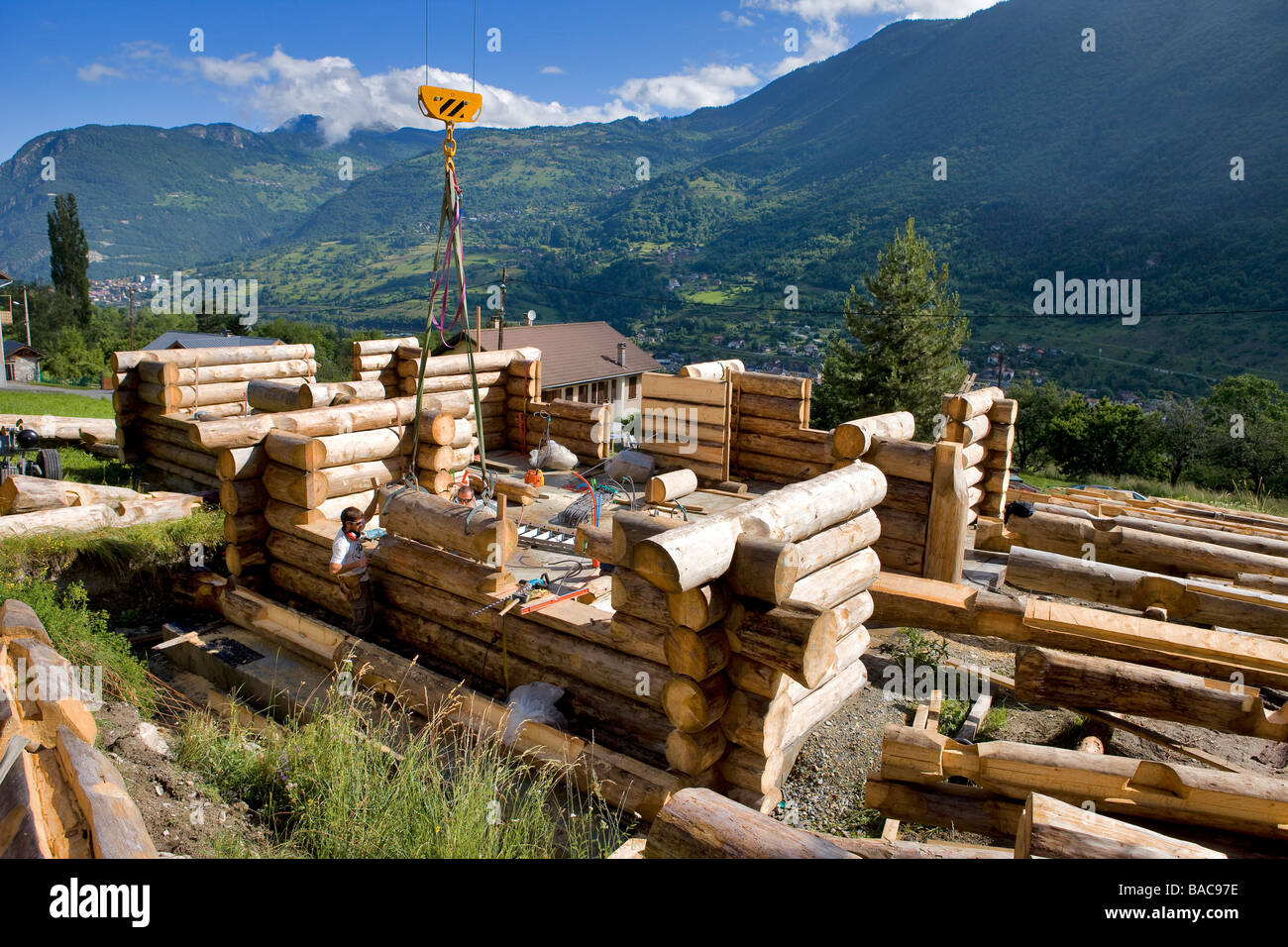France, savoie, Le Bois, log building of a fuste (house made of raw wood log) Stock Photo