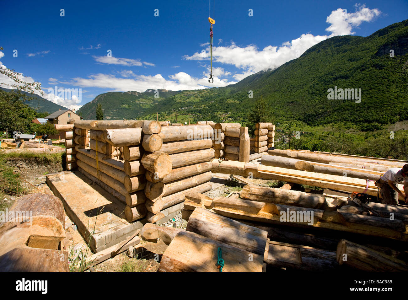 France, savoie, Le Bois, log building of a fuste (house made of raw wood log) Stock Photo