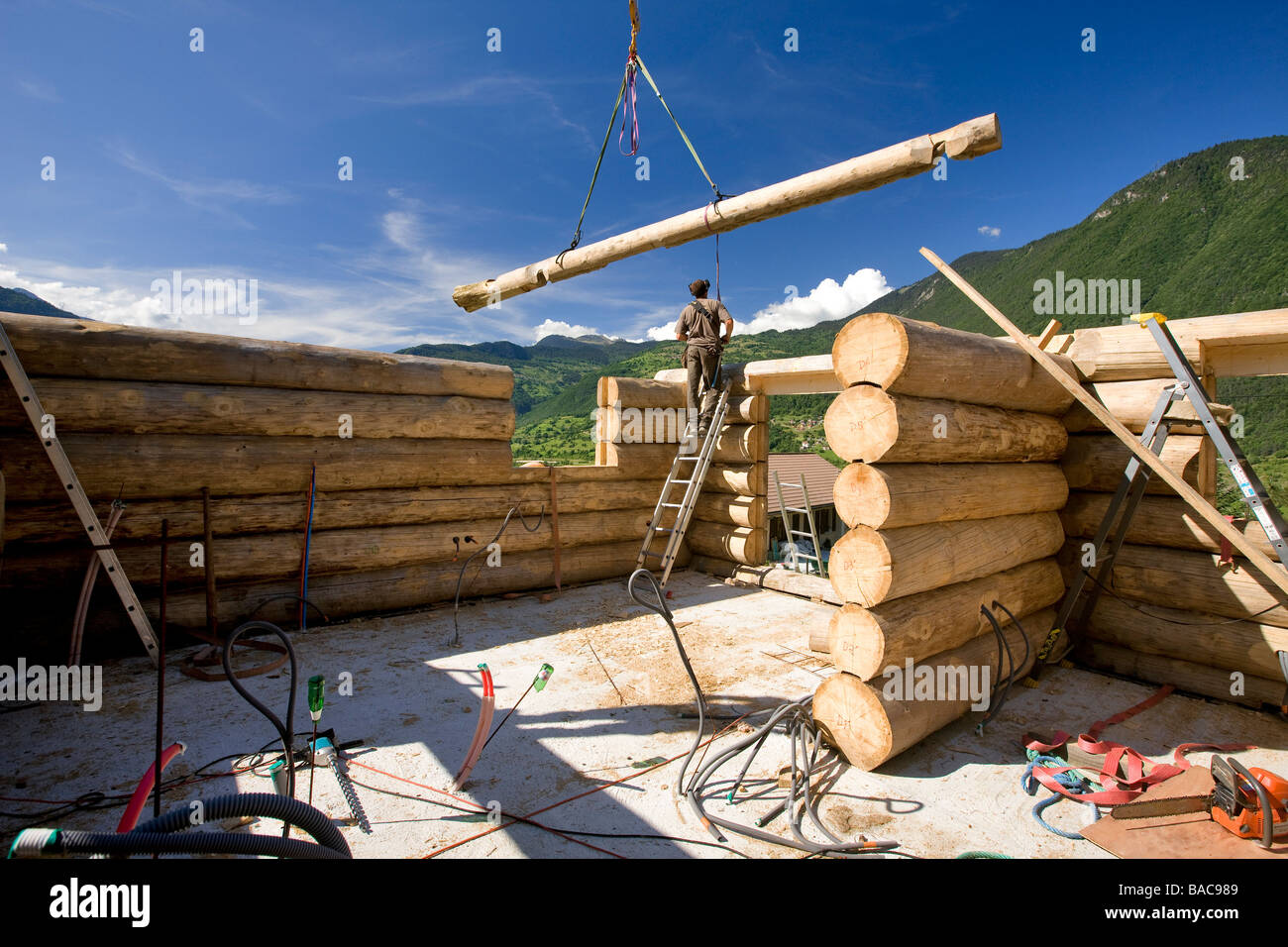 France, savoie, Le Bois, log building of a fuste (house made of raw wood log) Stock Photo