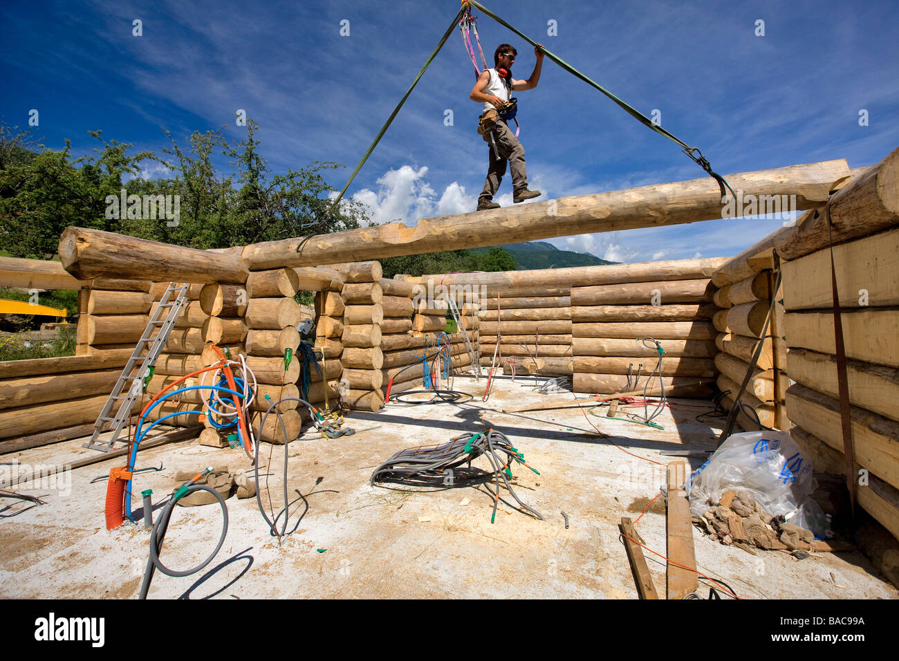 France, savoie, Le Bois, log building of a fuste (house made of raw wood log) Stock Photo