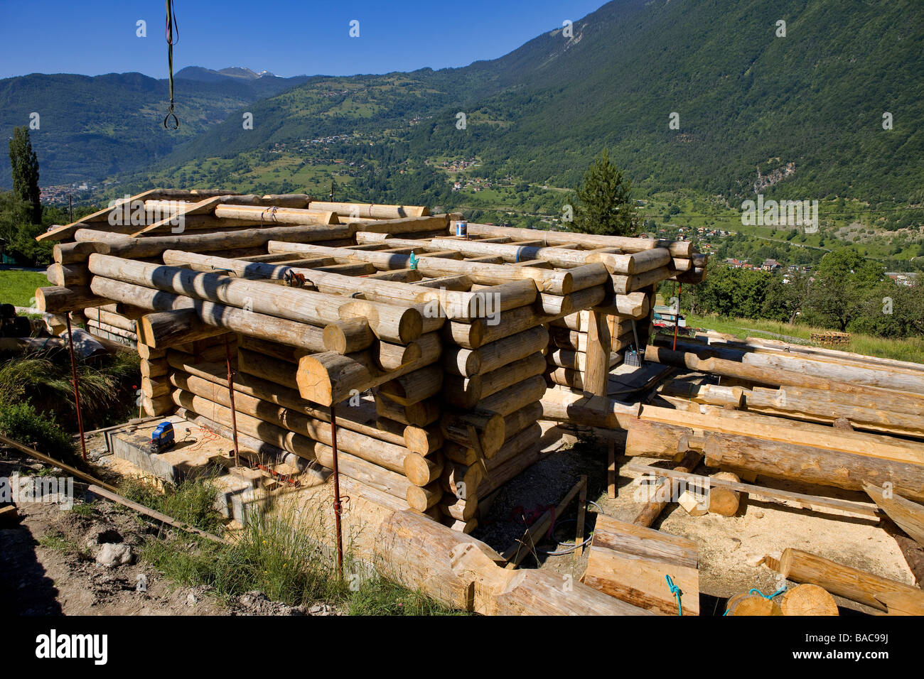 France, savoie, Le Bois, log building of a fuste (house made of raw wood log) Stock Photo