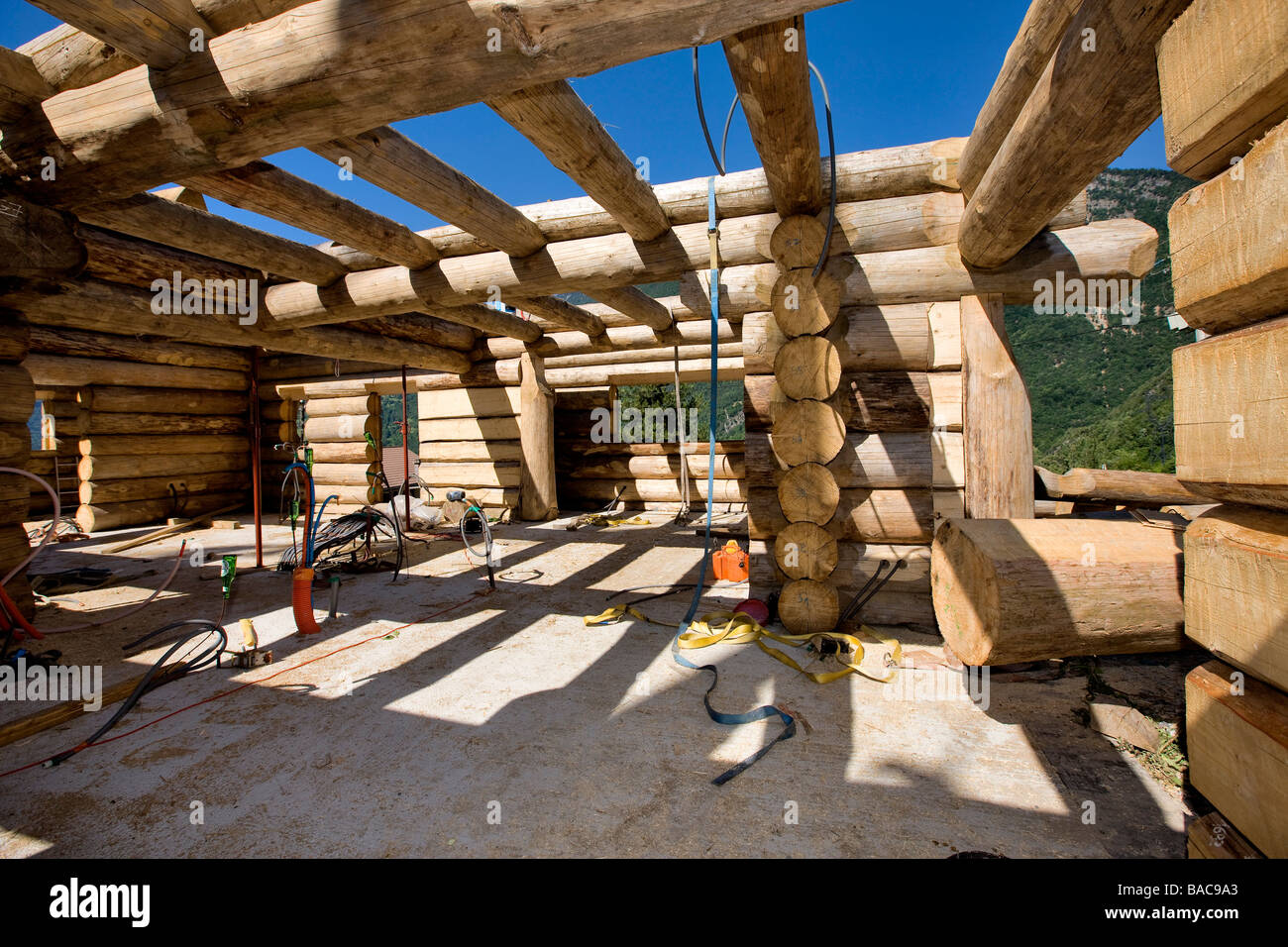 France, savoie, Le Bois, log building of a fuste (house made of raw wood log) Stock Photo
