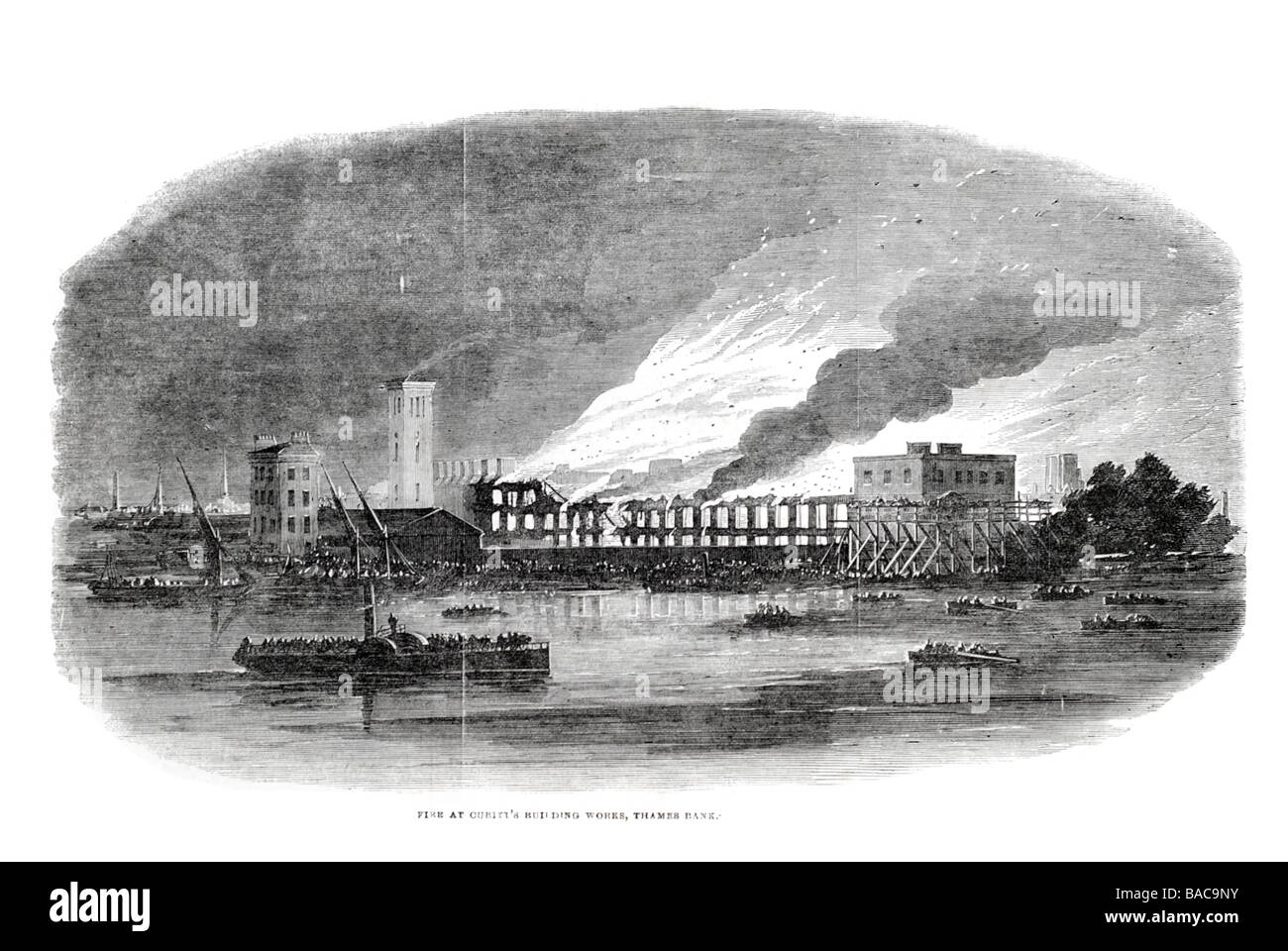 fire at cubitts building works thames bank 1854 Stock Photo