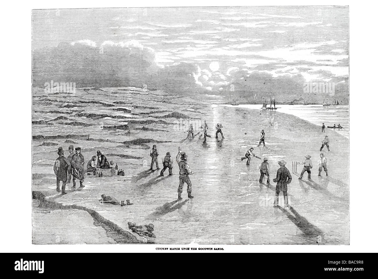 cricket match upon the goodwin sands 1854 ship coast beach sea ocean sport fun bat batting bowling ball sail low tide cricket Stock Photo