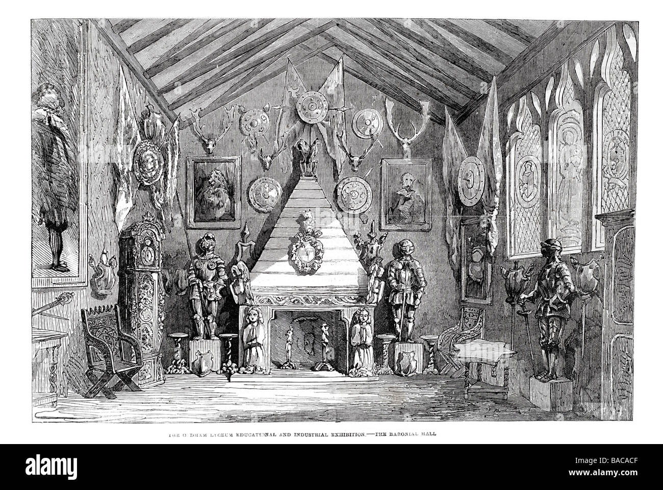 the baronial hall 1854 stained glass fire mantle grand portrait heraldic beast medieval