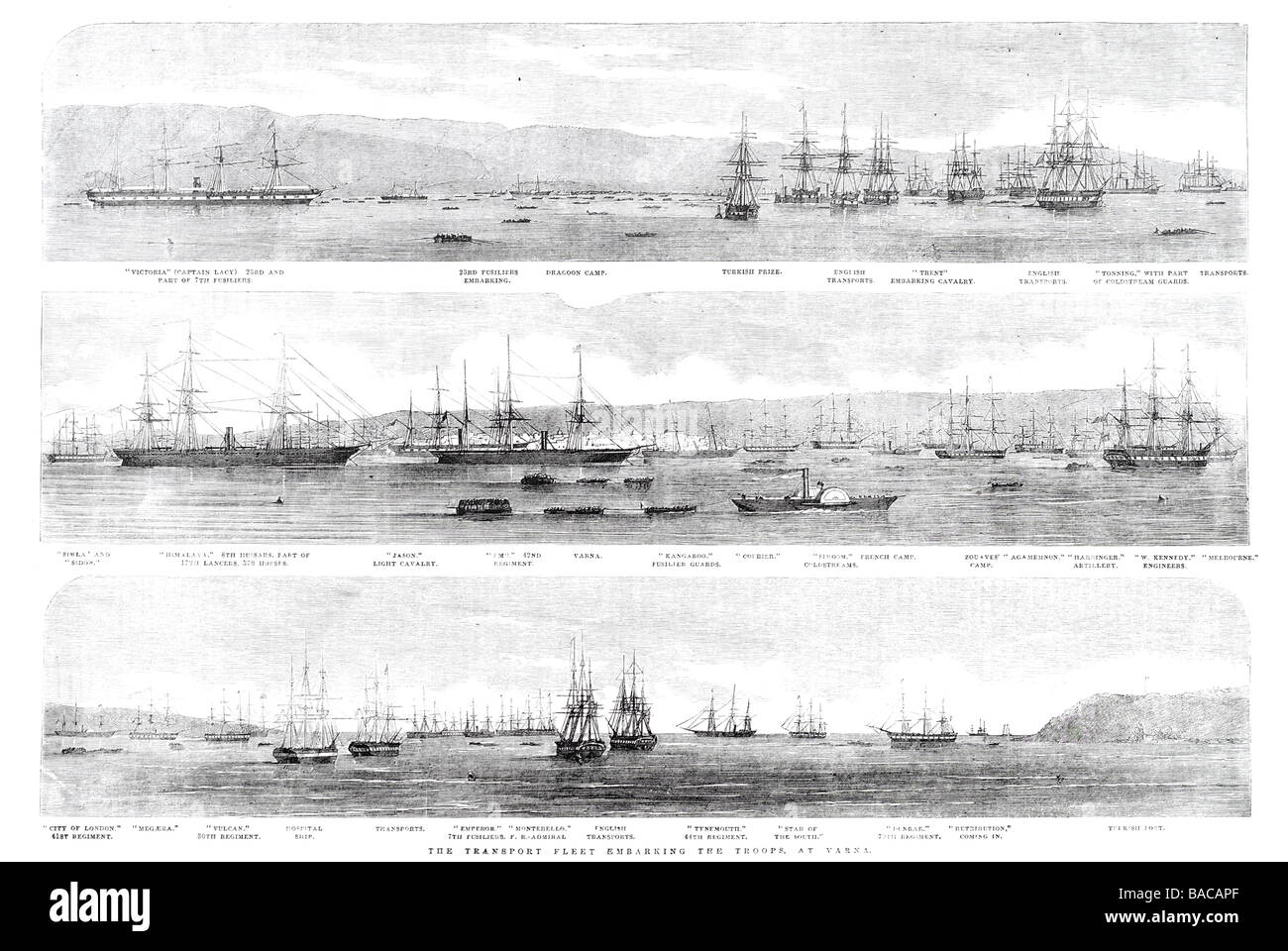1854 transport fleet embarking the troops at varna dunbar retribution hms ship sail mast deck bow hulk rigged full cannon port Stock Photo