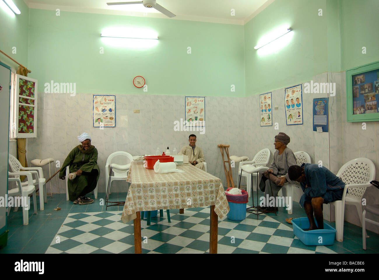 Lepers waiting for their medical treatment in Egypt's biggest leprosy hospital. Many patients have open wounds. Stock Photo