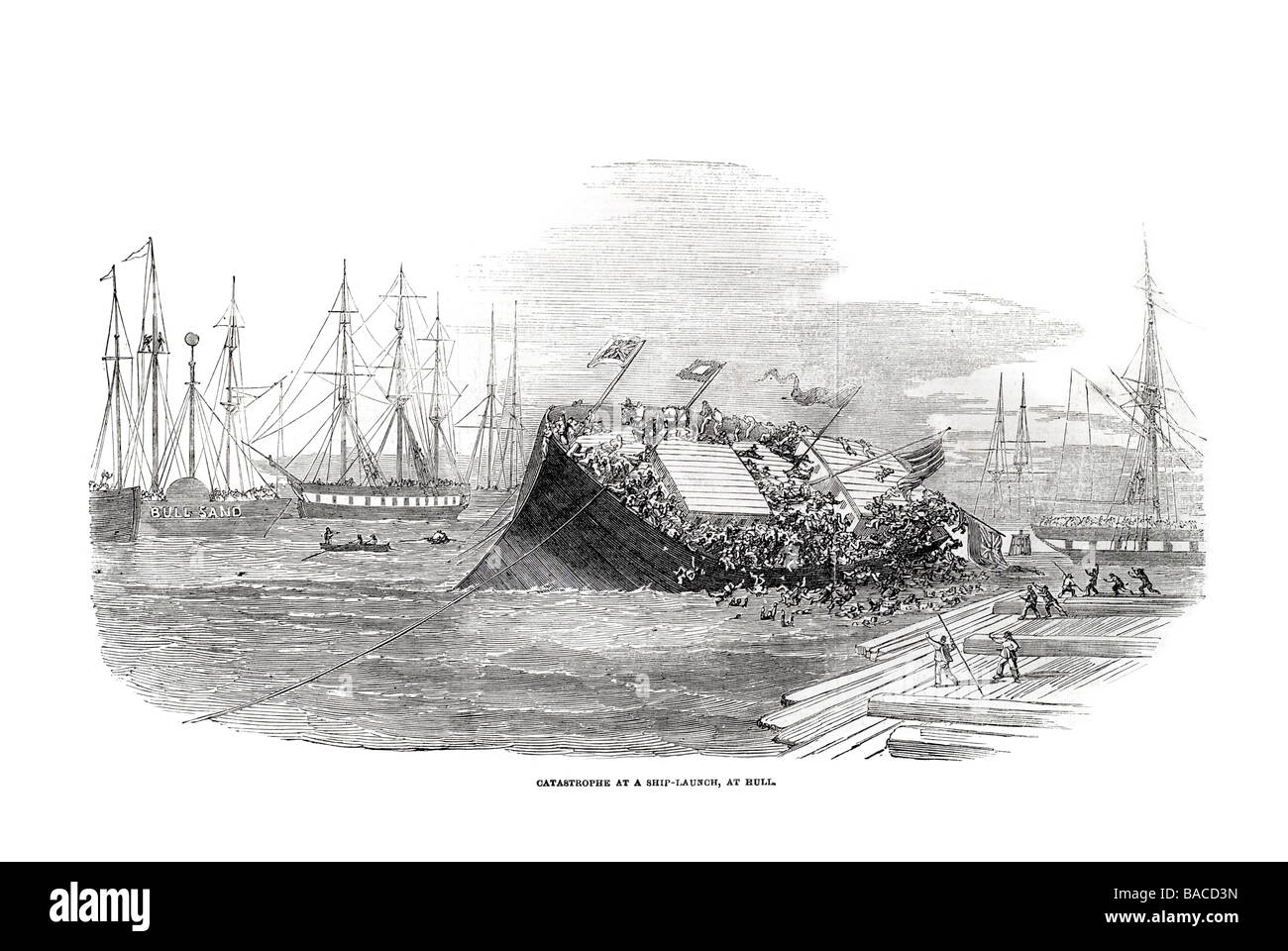 catastrophe at ship launch at hull docks harbour River Humber foreign trading port 1854 Stock Photo