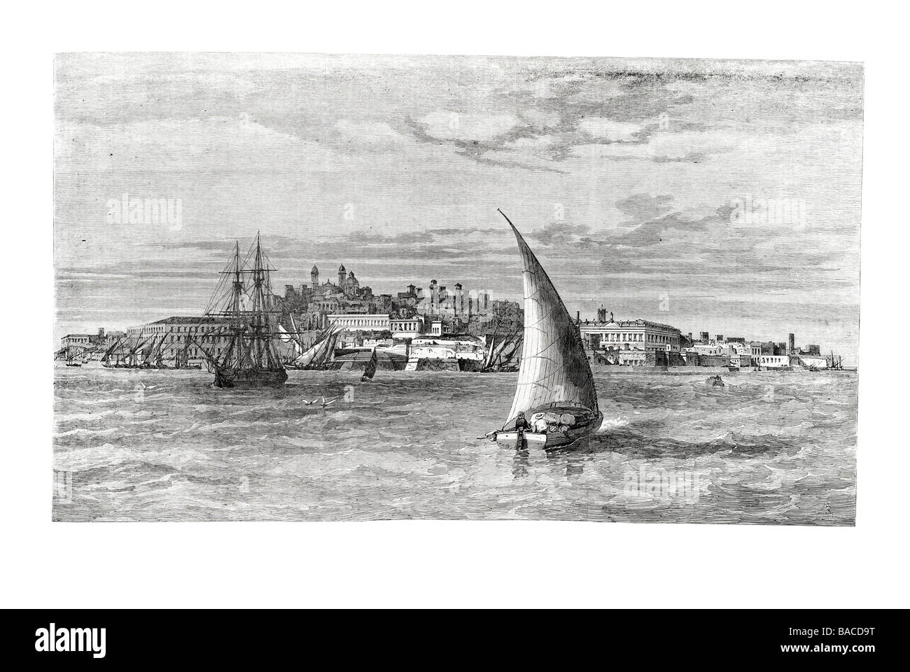 the city of montevideo uruguay south america port harbour coast dock sail sailing boat wind ship waves 1865 Stock Photo