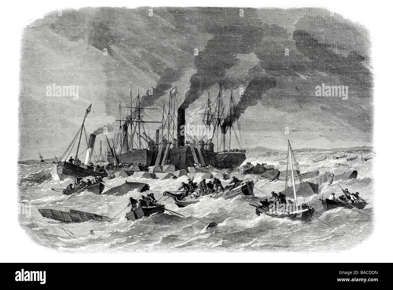 scene of the river thames during the gale on sunday march 19 port harbour coast dock sail sailing boat wind ship waves 1865 Stock Photo