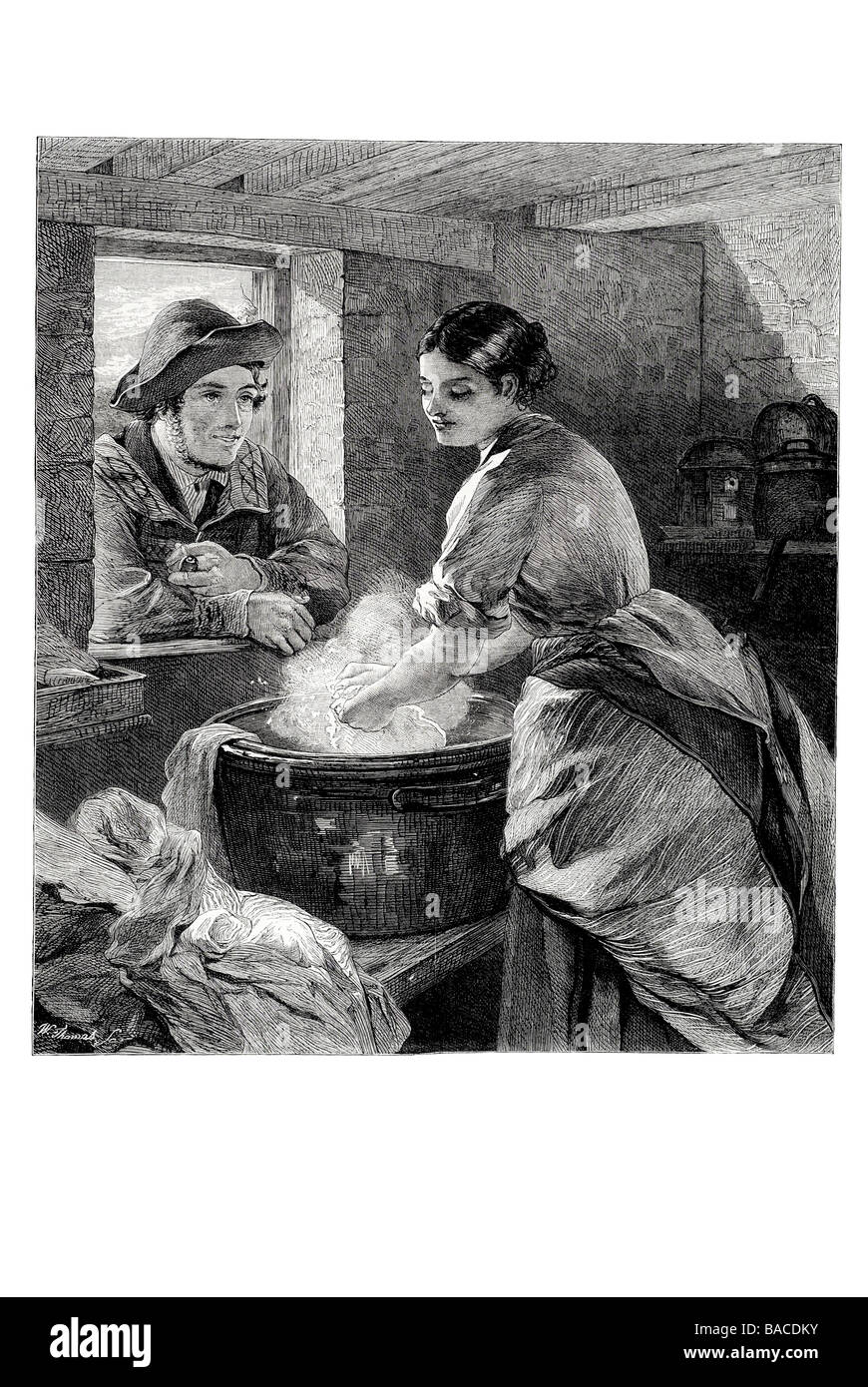 rustic courtship by w lucas 1865 dates engagement public affair wooing washing window cleaning shy talking Stock Photo