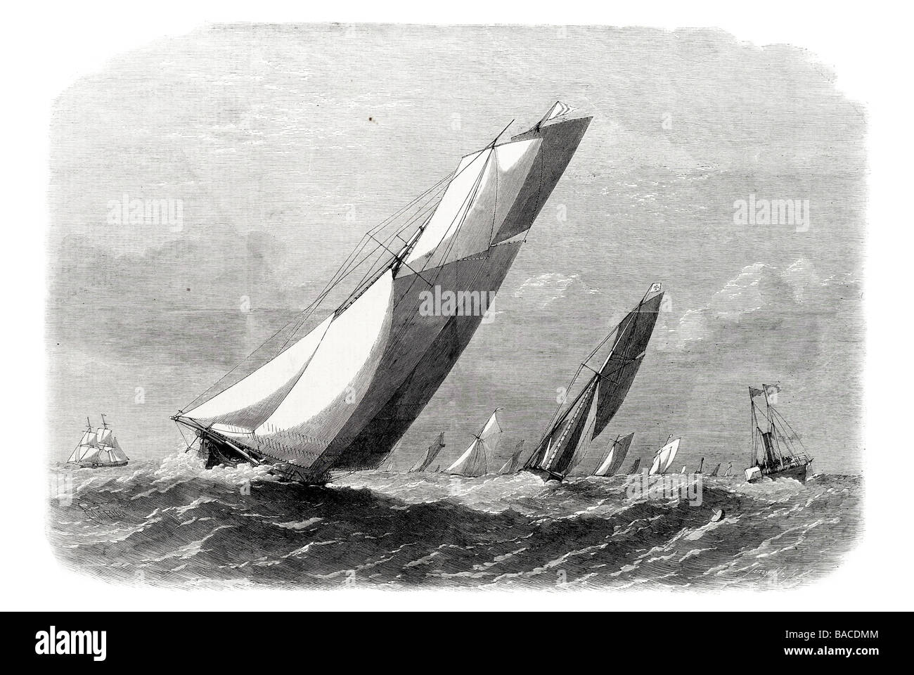 ocean match of the royal yachts between the kentish knock and sunk light ships 1865 sail sailing boat wind ship waves race Stock Photo