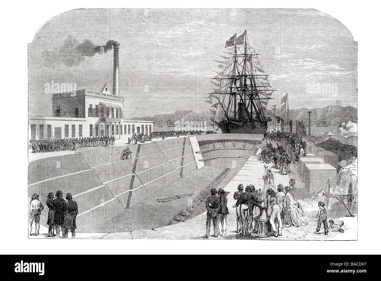 opening of the new dry dock at Suez Canal 1867 flooded construction maintenance repair of ships boats ship boat Stock Photo