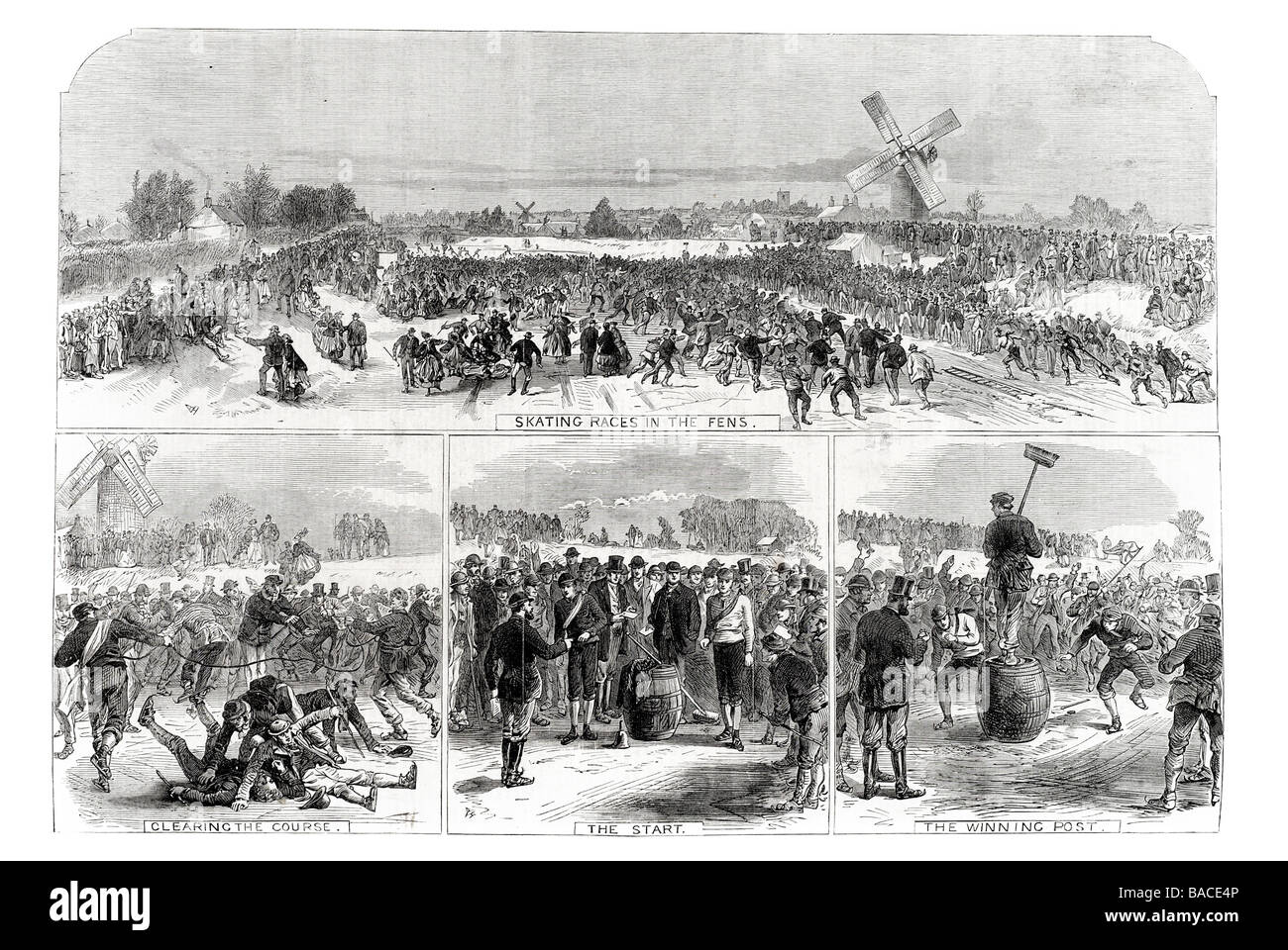 ice skating races in the fens clearing the course the start the winning post leisure sport outdoor track frozen water Stock Photo