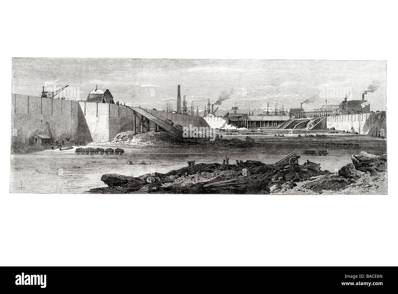 progress of the works for the new docks at millwall 1867 harbour coast dock sail sailing boat wind ship waves Stock Photo