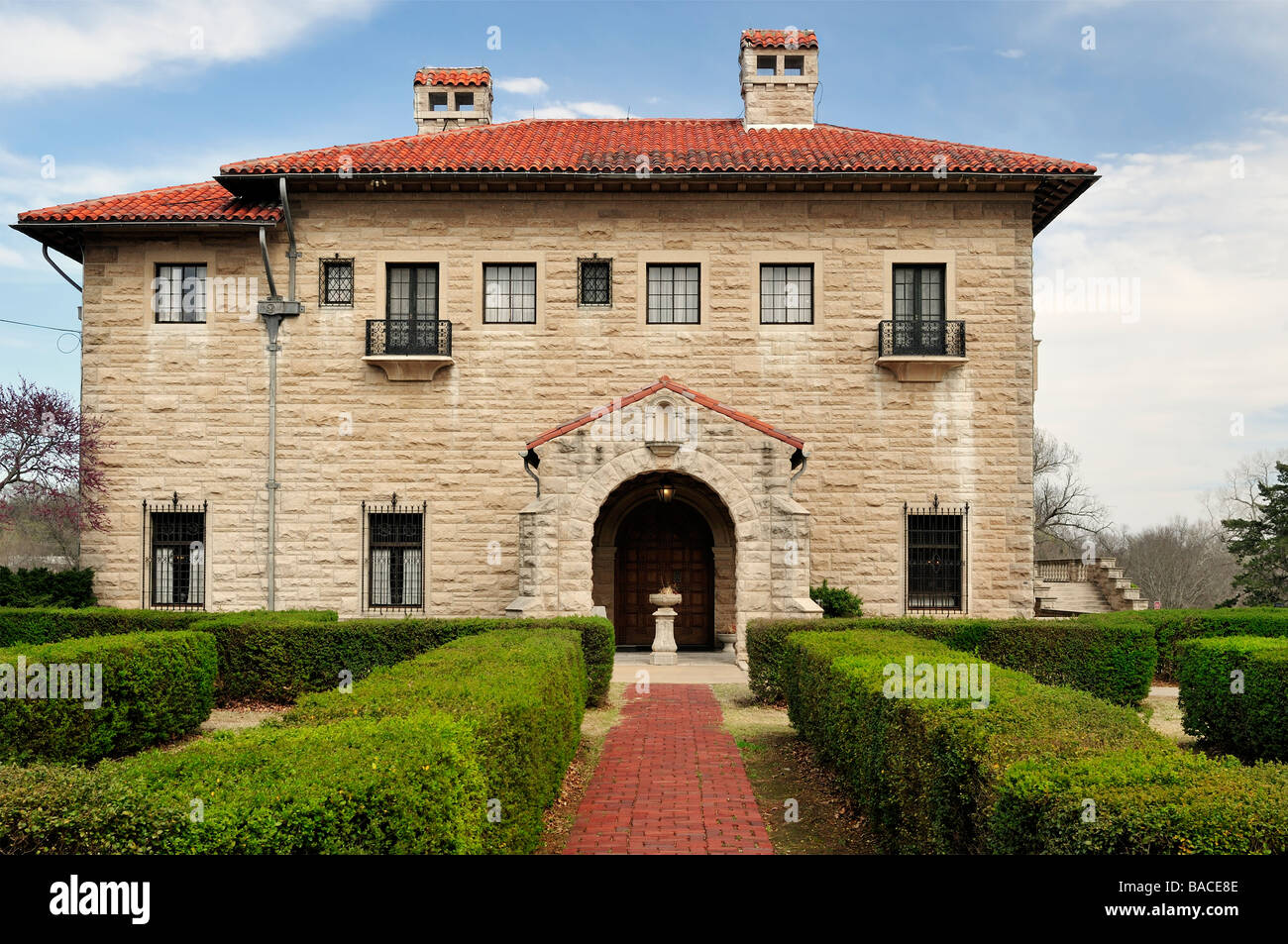 West and front view of the Marland Mansion, a National Historical landmark in Ponca City, Oklahoma, USA. Stock Photo