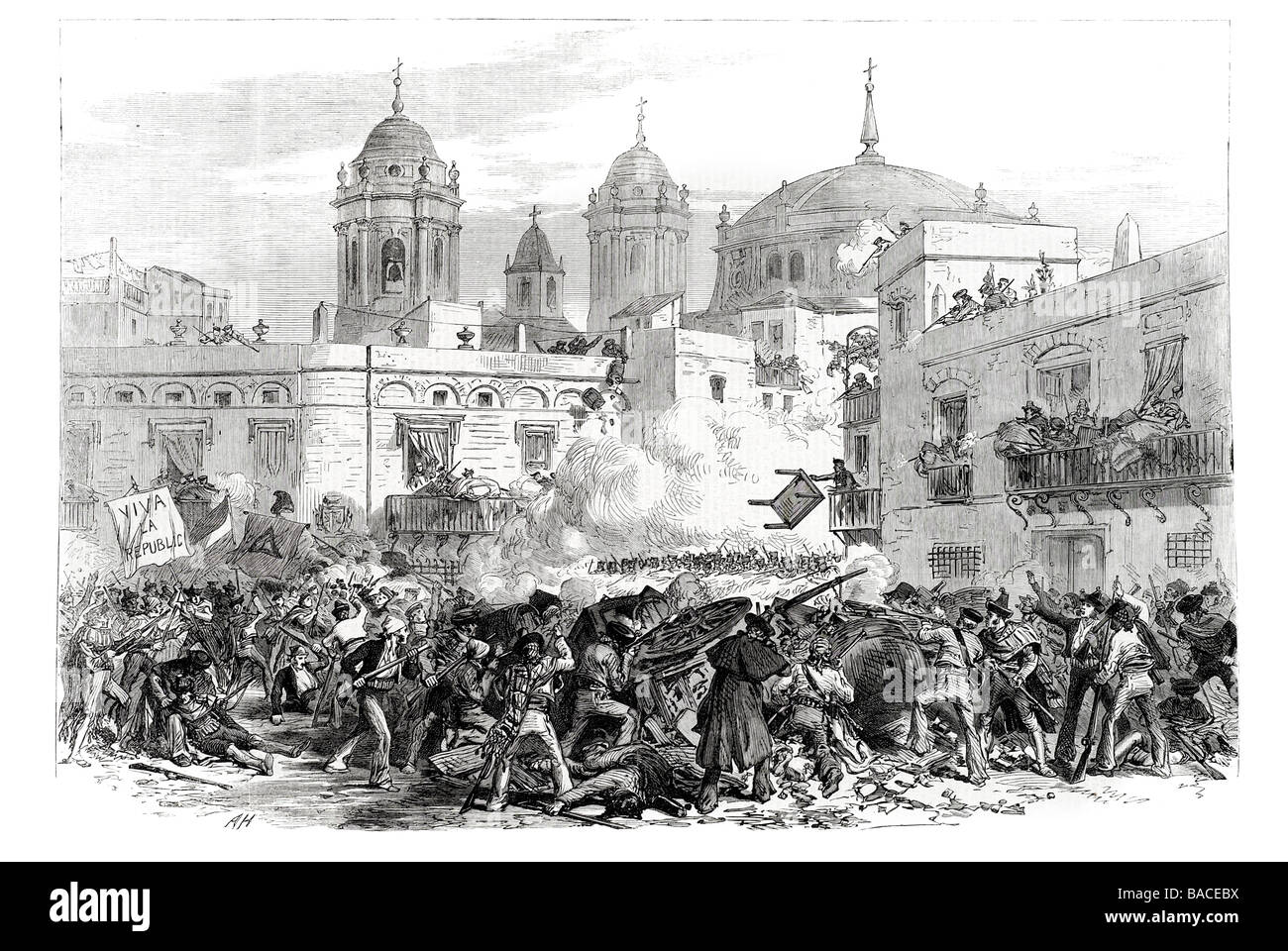 The Revolution in Spain fight at the Barricade in the Quarter De Los Vinas Cadiz 1868 Stock Photo