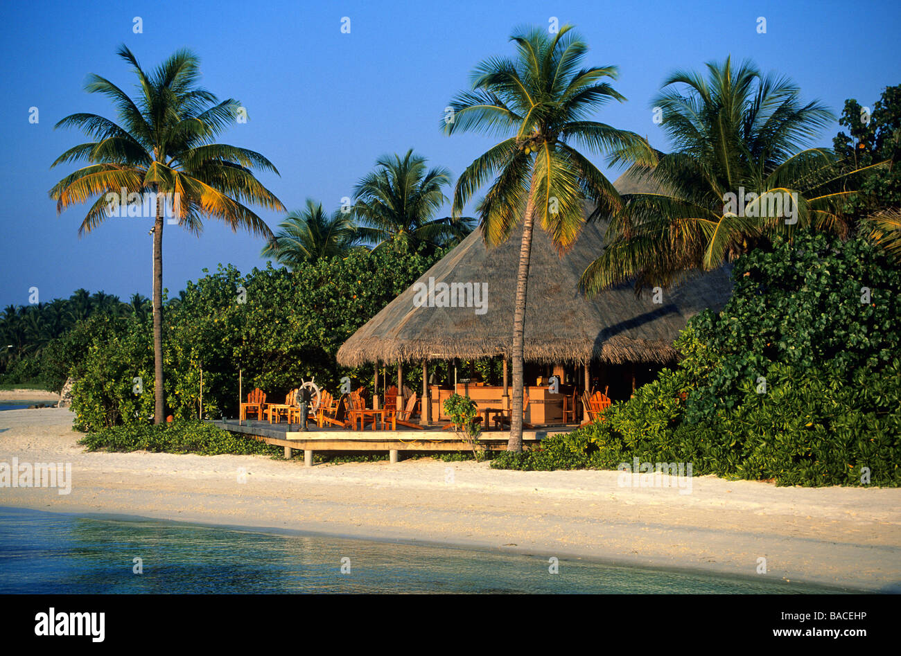 Maldives, North Male Atoll, Kuda Huraa, Four Seasons Hotel, beach of the Reef Clib restaurant Stock Photo