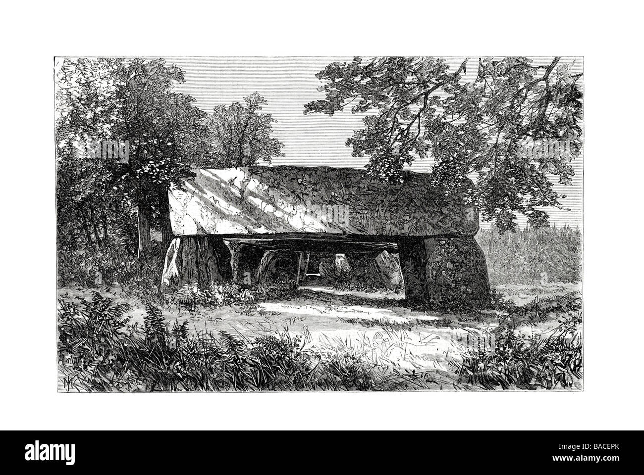 South East Entrance to La Roche Aux Fees 1868 cromlech anta Hünengrab Hunebed Goindol quoit portal dolmen Stock Photo