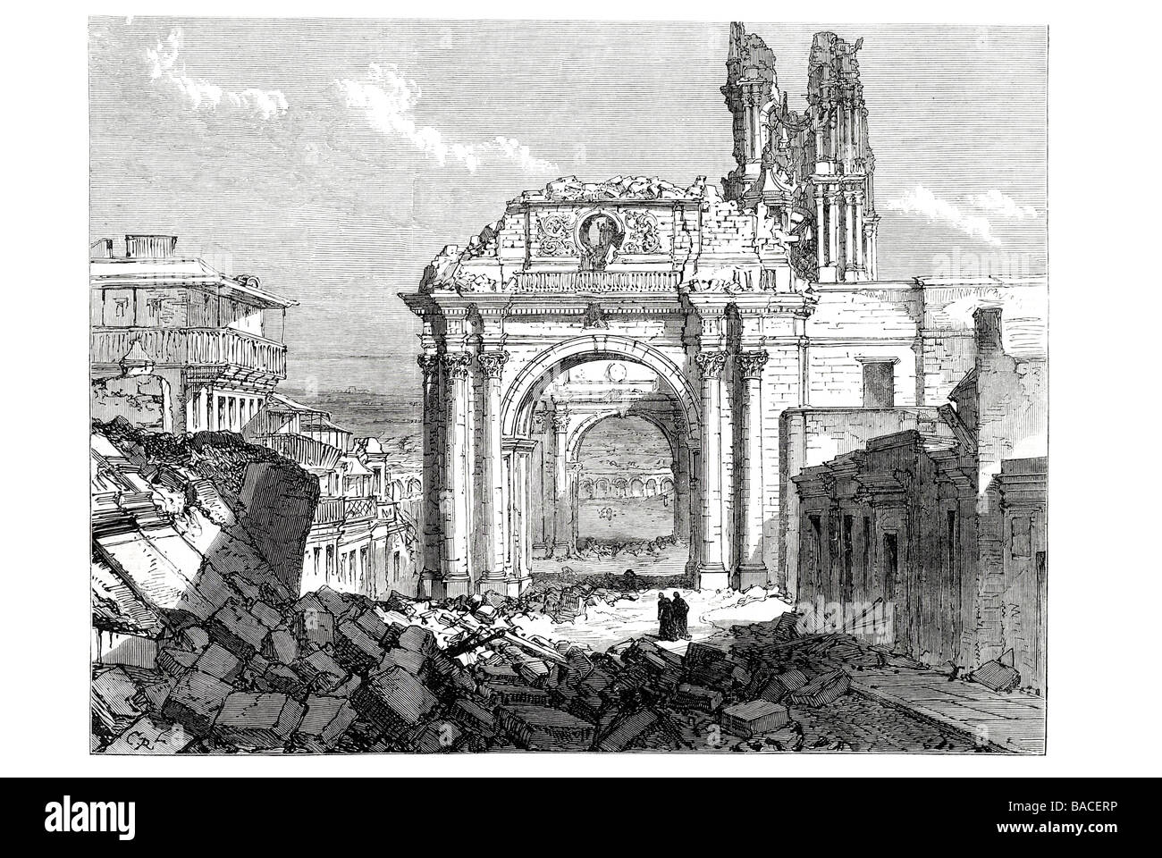 Ruins of the Cathedral of Arequipa 1868 Basilica earthquake tower main portal facade arcs Stock Photo