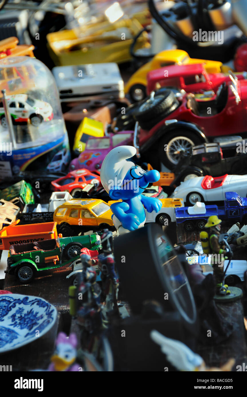 Paris France, Cars, Toys, Shopping, Outside Public "Flea Market" Detail Collectible Children's Vintage Objects on Display Stock Photo