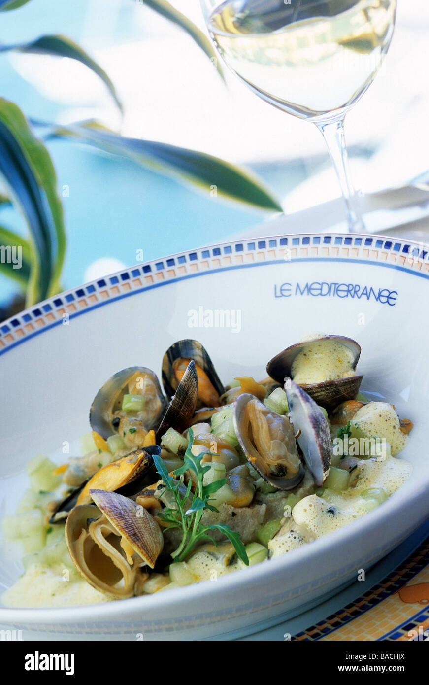 France, Alpes Maritimes, Cannes, buckwheat polenta of shellfish recipe by Jean-Jacques Martin Chef of The Mediterranean Stock Photo