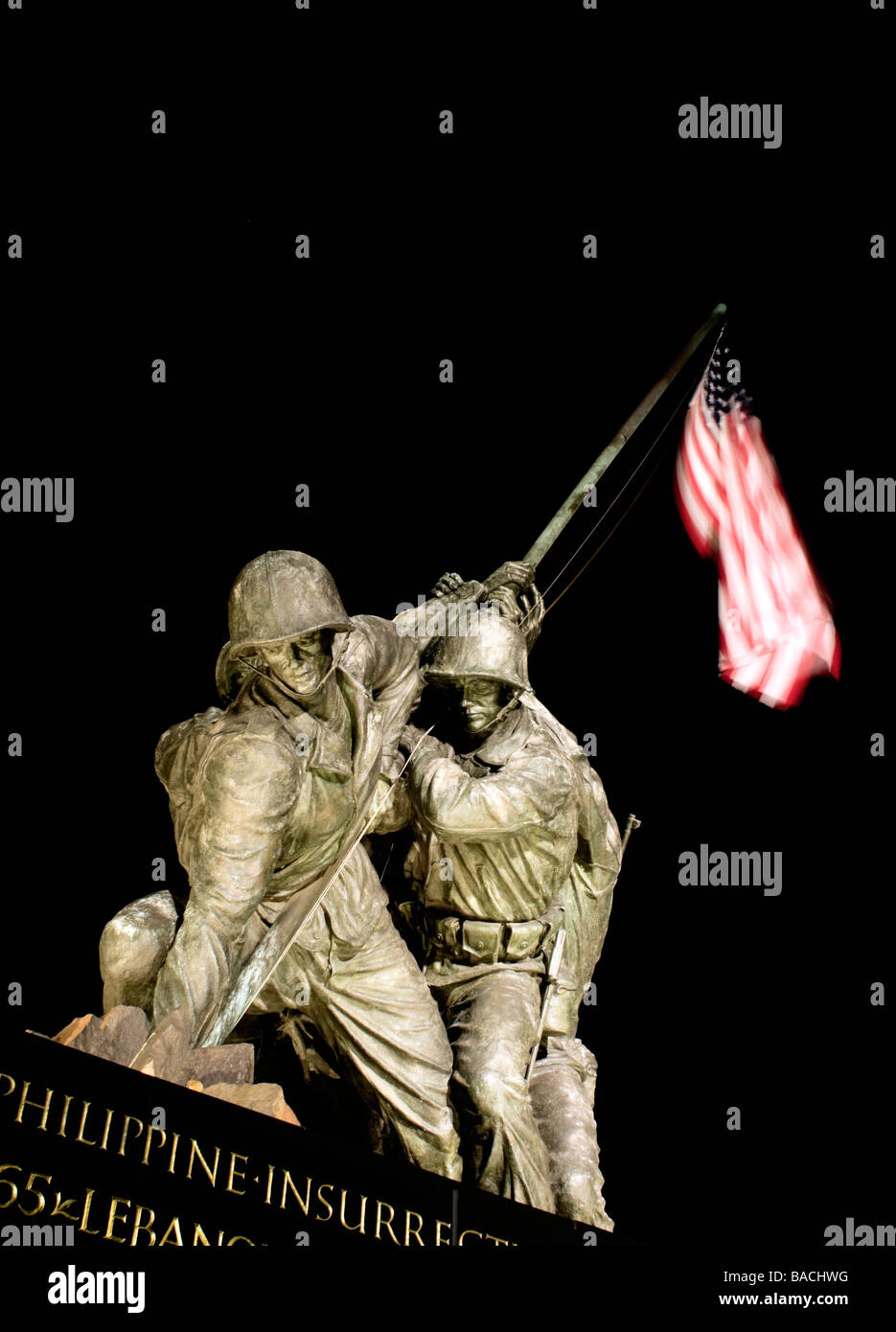The Iwo Jima Memorial at night, front view, United States Marine Corps, Arlington Virginia Stock Photo