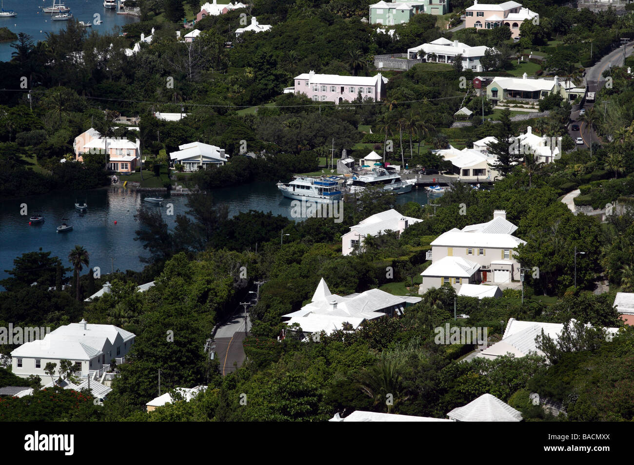 Arial view from Gibbs' Hill Lighthouse, showing  Houses and Inlets around Jews Bay, Southampton Parish, Bermuda Stock Photo