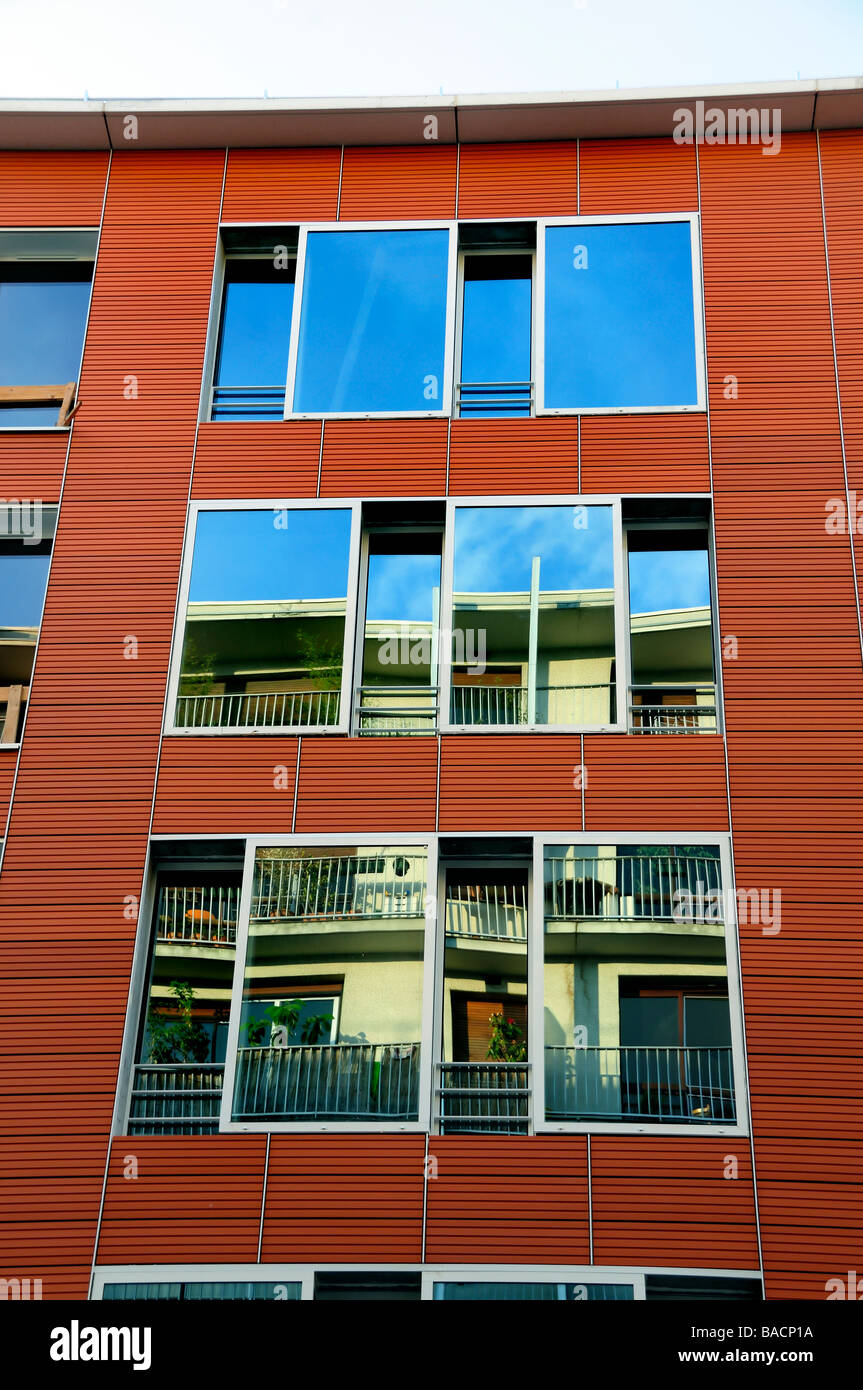 Paris France, new build flats Construction, Public Housing, HLM, apartment building france, Housing Estate, Wooden Facade, Windows Stock Photo