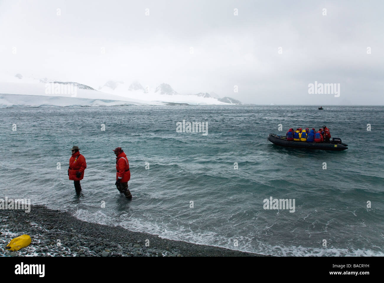 Zodiacs take expedition tourists off Orcadas Argentinian research base Laurie Island South Orkneys Antarctica Stock Photo