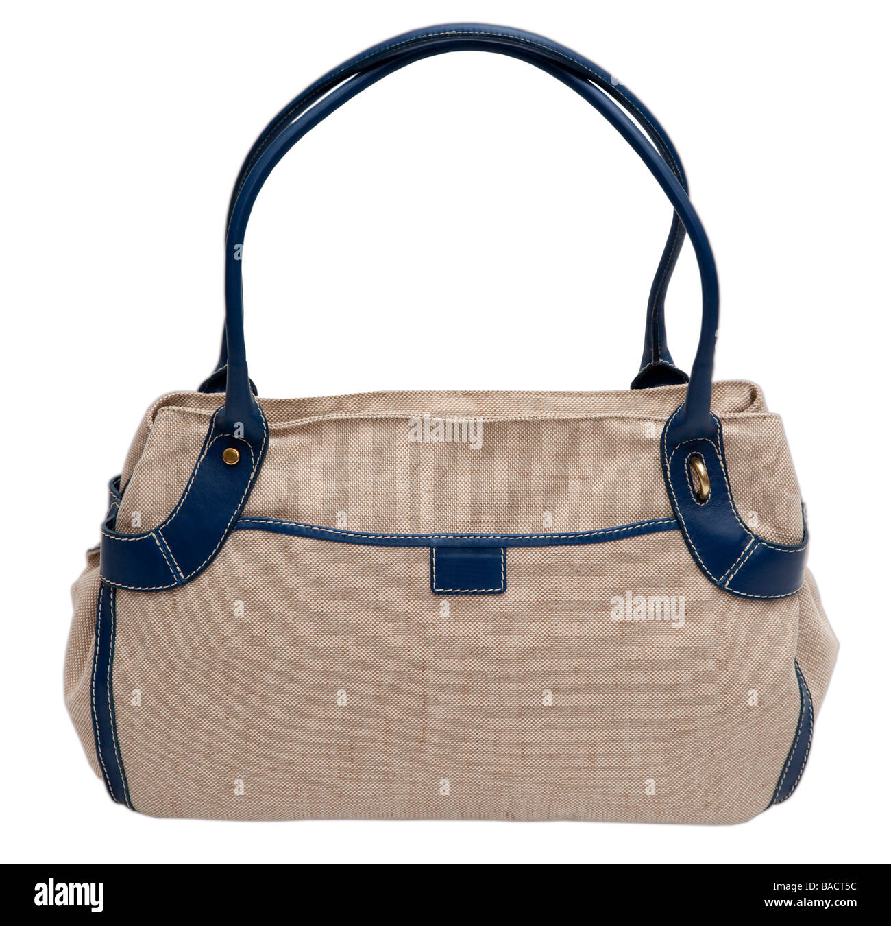 Beige bag with blue handles on a white background Stock Photo Alamy