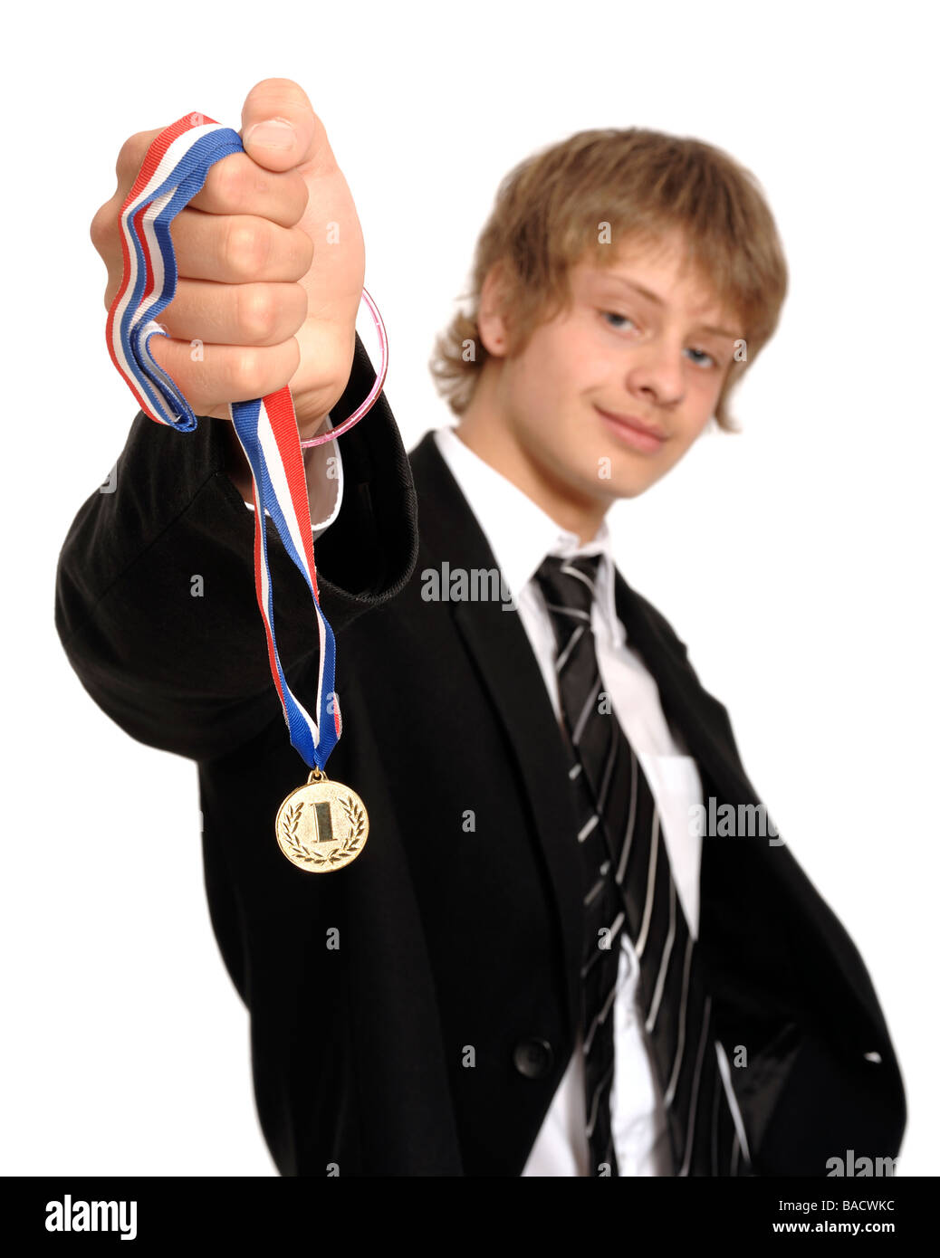 Schoolboy with a gold first medal Stock Photo