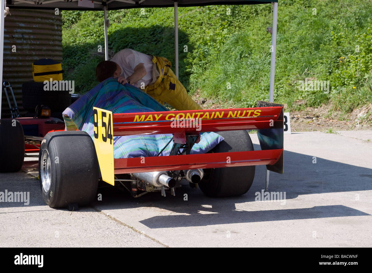 Hill Climb racing car with signage on rear spoiler 'May Contain Nuts' Stock Photo